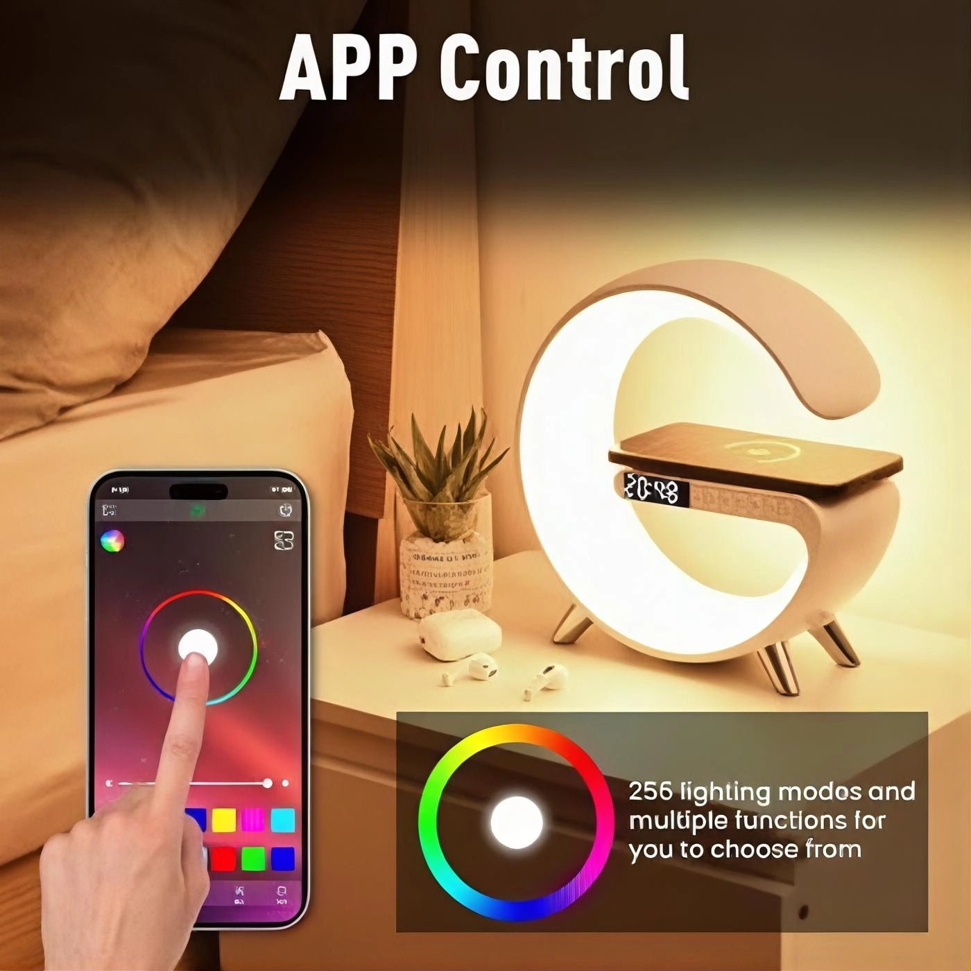 AURAGLOW 5-in-1 Smart Bedside Atmosphere Lamp Fast Wireless Charger, Bluetooth Speaker and Alarm Clock - Techvortex
