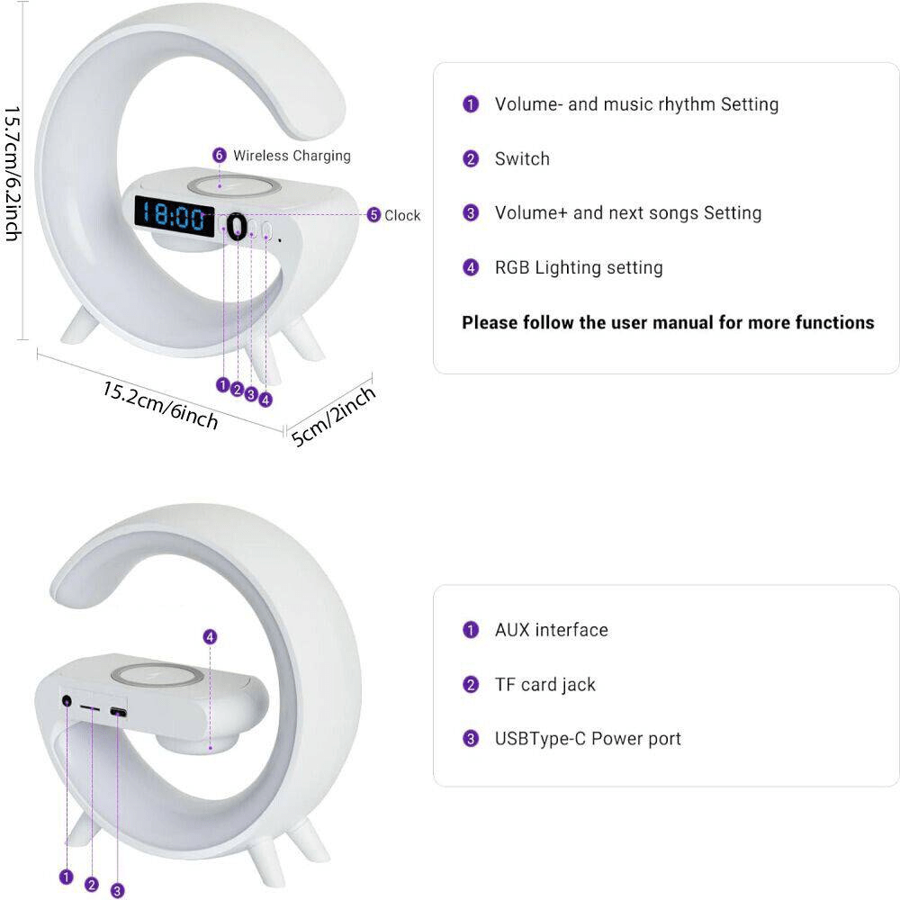 AURAGLOW 5-in-1 Smart Bedside Atmosphere Lamp Fast Wireless Charger, Bluetooth Speaker and Alarm Clock - Techvortex