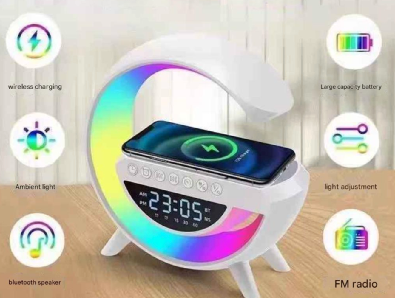 AURAGLOW 5-in-1 Smart Bedside Atmosphere Lamp Fast Wireless Charger, Bluetooth Speaker and Alarm Clock - Techvortex