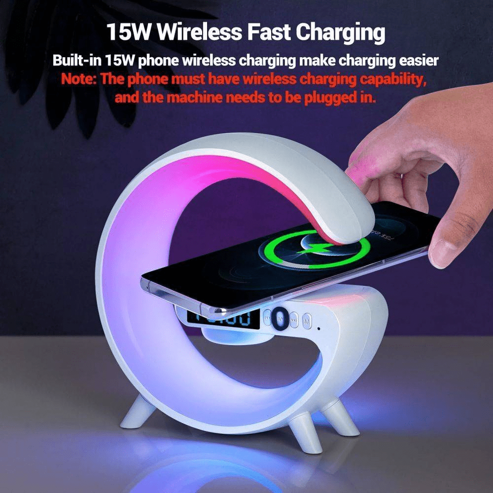 AURAGLOW 5-in-1 Smart Bedside Atmosphere Lamp Fast Wireless Charger, Bluetooth Speaker and Alarm Clock - Techvortex