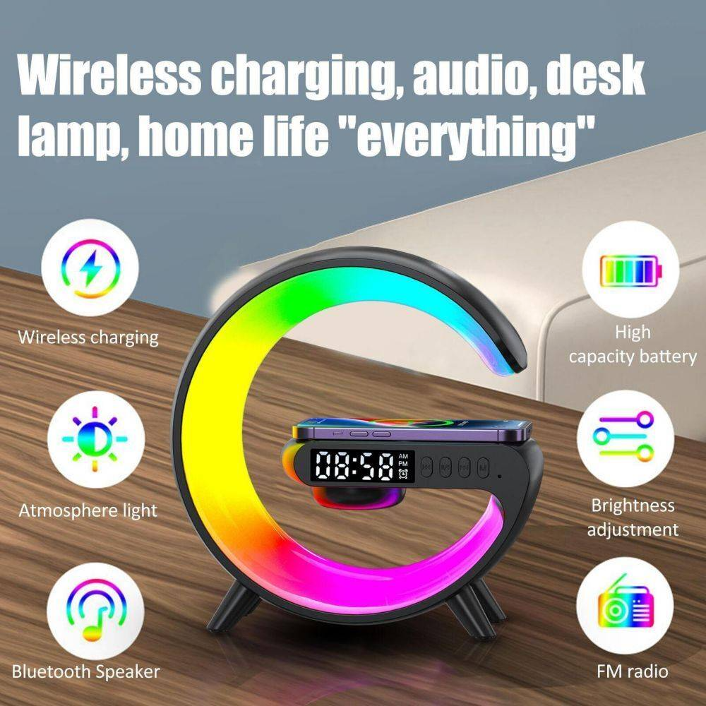 AURAGLOW 5-in-1 Smart Bedside Atmosphere Lamp Fast Wireless Charger, Bluetooth Speaker and Alarm Clock - Techvortex